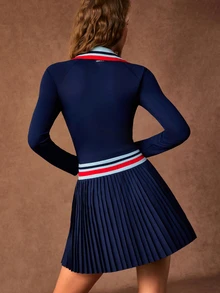 VARSIVA Women's Patchwork Striped Collar Long Sleeve Pleated Hem Sports Dress With Shorts - Multicolor - View 4