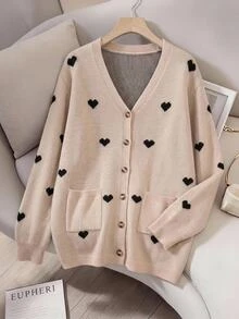 SHEIN LUNE Plus Size Women's Heart Pattern Long Sleeve Single-Breasted Casual Knit Cardigan Winter - Multicolor - View 7