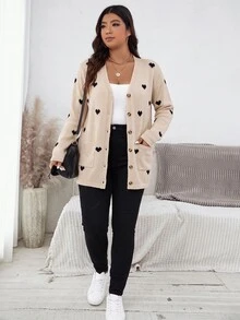 SHEIN LUNE Plus Size Women's Heart Pattern Long Sleeve Single-Breasted Casual Knit Cardigan Winter - Multicolor - View 5