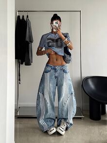 SHEIN PETITE 女款條紋拼接配色鈕扣寬鬆牛仔褲 - 藍色 - 查看 3