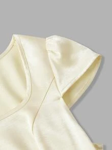 SHEIN MOD 女款復古浪漫風奶油色緞面中長洋裝 方領小飛袖 A字版型 優雅派對晚宴雞尾酒禮服 夏日復古風 - 淡黃色 - 查看 5