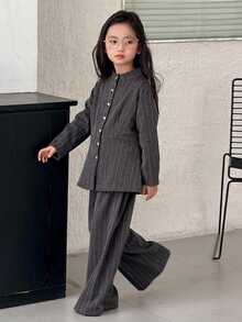 Dazy Kids Girls (Big) Stand Collar Waist Cinched Long Sleeve Autumn/Winter Jacket + Straight Leg Pants Two Pieces Striped Set - Dark Grey - View 1