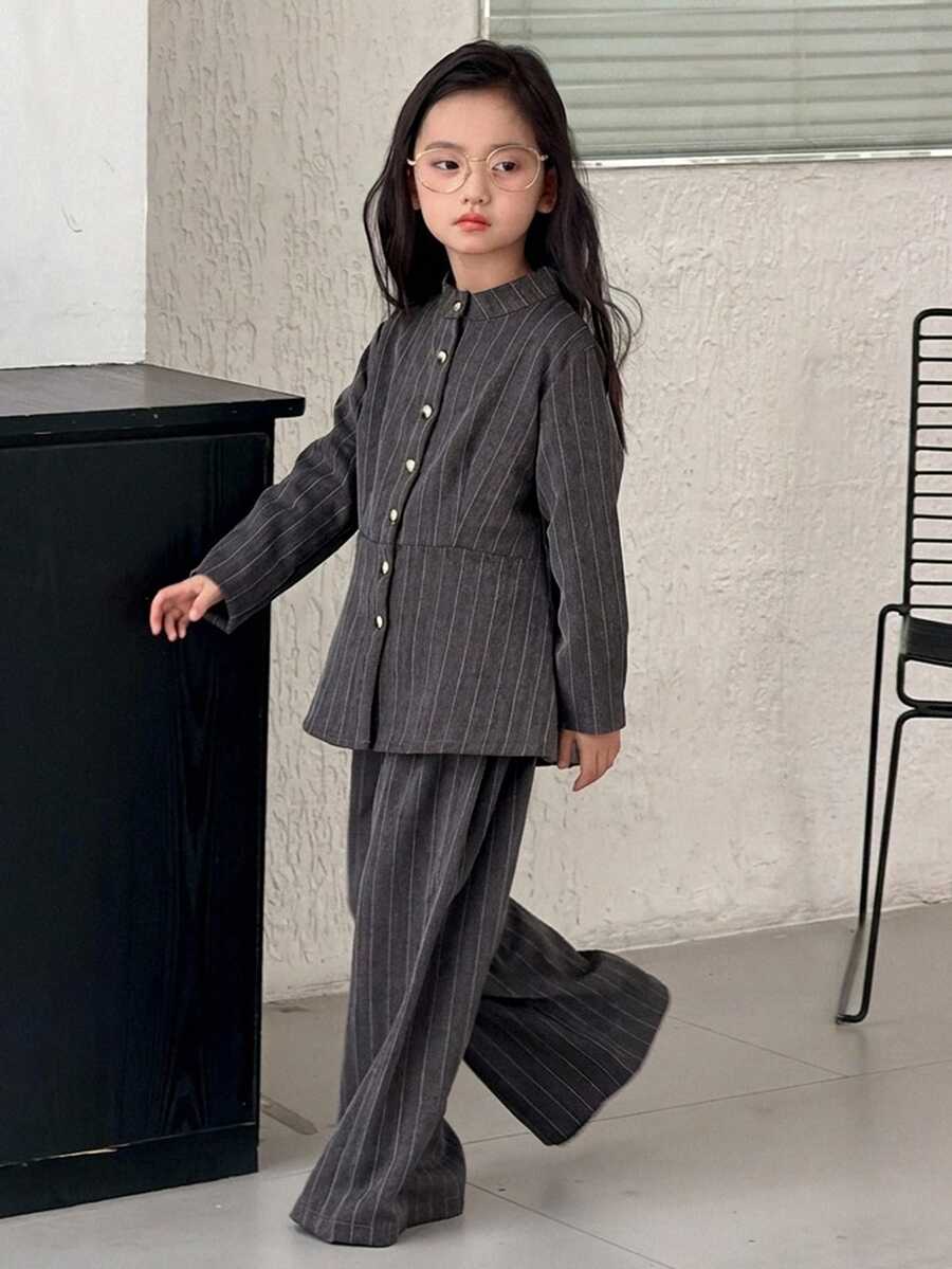 Dazy Kids Girls (Big) Stand Collar Waist Cinched Long Sleeve Autumn/Winter Jacket + Straight Leg Pants Two Pieces Striped Set - Dark Grey - View 1