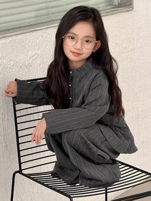 Dazy Kids Girls (Big) Stand Collar Waist Cinched Long Sleeve Autumn/Winter Jacket + Straight Leg Pants Two Pieces Striped Set - Dark Grey - View 2