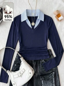 Áo thun dệt kim ôm sát cổ áo 2 trong 1 tay dài cổ chữ V cho bé gái tuổi teen - Màu xanh hải quân - Xem 2