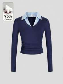 Áo thun dệt kim ôm sát cổ áo 2 trong 1 tay dài cổ chữ V cho bé gái tuổi teen - Màu xanh hải quân - Xem 3
