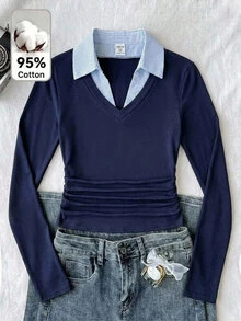 Áo thun dệt kim ôm sát cổ áo 2 trong 1 tay dài cổ chữ V cho bé gái tuổi teen - Màu xanh hải quân - Xem 1