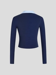 Áo thun dệt kim ôm sát cổ áo 2 trong 1 tay dài cổ chữ V cho bé gái tuổi teen - Màu xanh hải quân - Xem 4