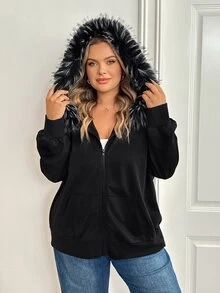SHEIN CURVE+ 大尺碼女款 Y2K 復古毛領拼接休閒運動外套，附口袋，秋季款 - 黑色 - 查看 8