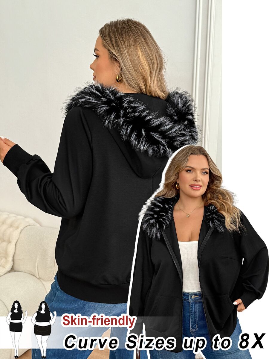 SHEIN CURVE+ Jaket Sweatshirt Wanita Ukuran Besar Gaya Y2K Retro dengan Kerah Bulu dan Patchwork, Model Reguler, Dilengkapi Saku, Cocok untuk Musim Gugur. - Hitam - View 1
