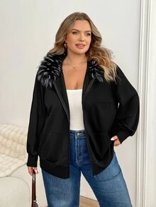 SHEIN CURVE+ 大尺碼女款 Y2K 復古毛領拼接休閒運動外套，附口袋，秋季款 - 黑色 - 查看 4