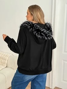 SHEIN CURVE+ 大尺碼女款 Y2K 復古毛領拼接休閒運動外套，附口袋，秋季款 - 黑色 - 查看 2