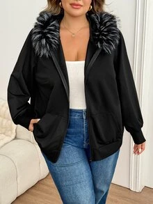 SHEIN CURVE+ 大尺碼女款 Y2K 復古毛領拼接休閒運動外套，附口袋，秋季款 - 黑色 - 查看 3
