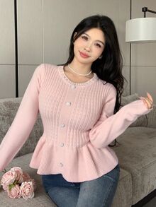 Seusyu Women's Solid Color Casual Romantic Elegant Versatile Daily Wear Long Sleeve Sweater Date Brunch Party Soft Pink Fall - Pink - View 4