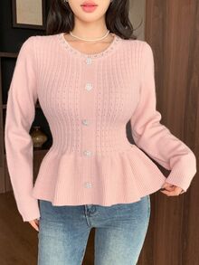 Seusyu Women's Solid Color Casual Romantic Elegant Versatile Daily Wear Long Sleeve Sweater Date Brunch Party Soft Pink Fall - Pink - View 2