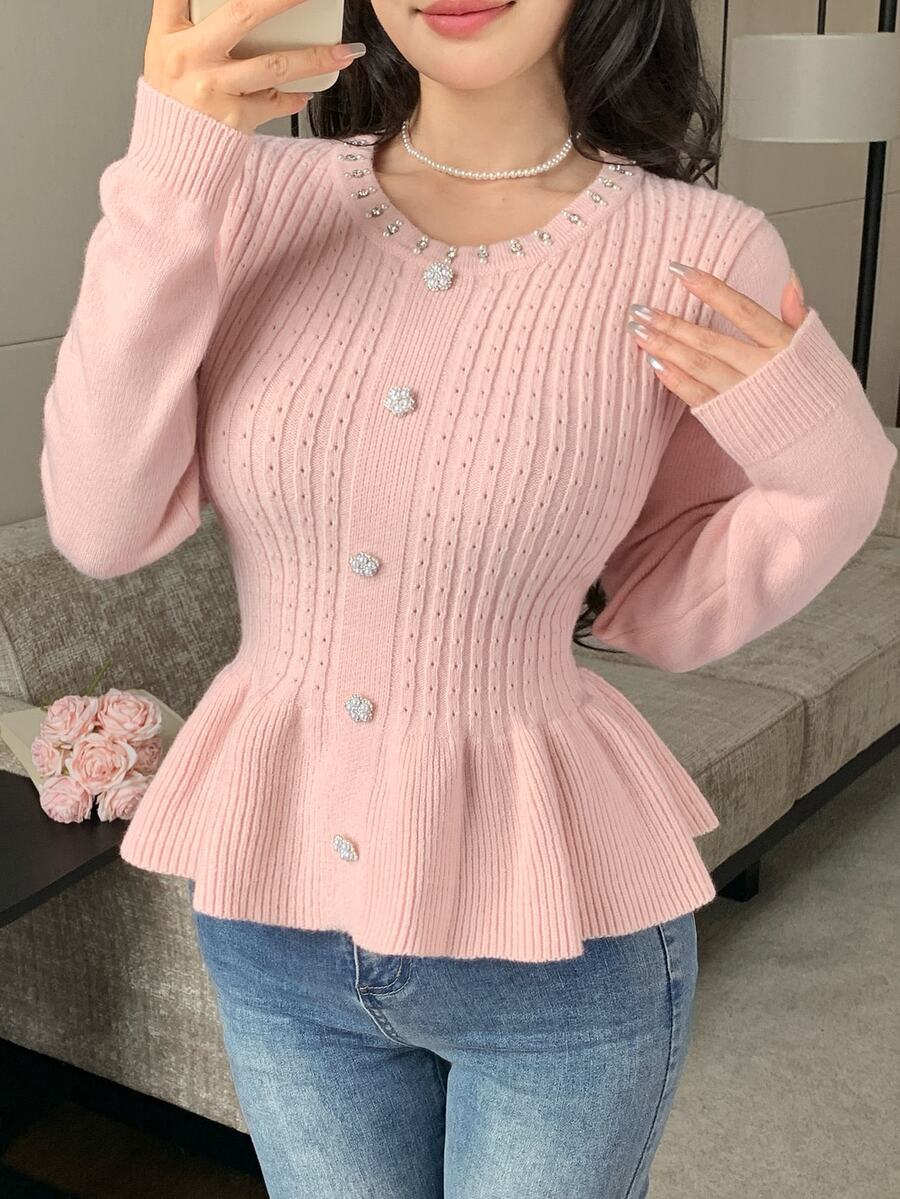 Seusyu Women's Solid Color Casual Romantic Elegant Versatile Daily Wear Long Sleeve Sweater Date Brunch Party Soft Pink Fall - Pink - View 1