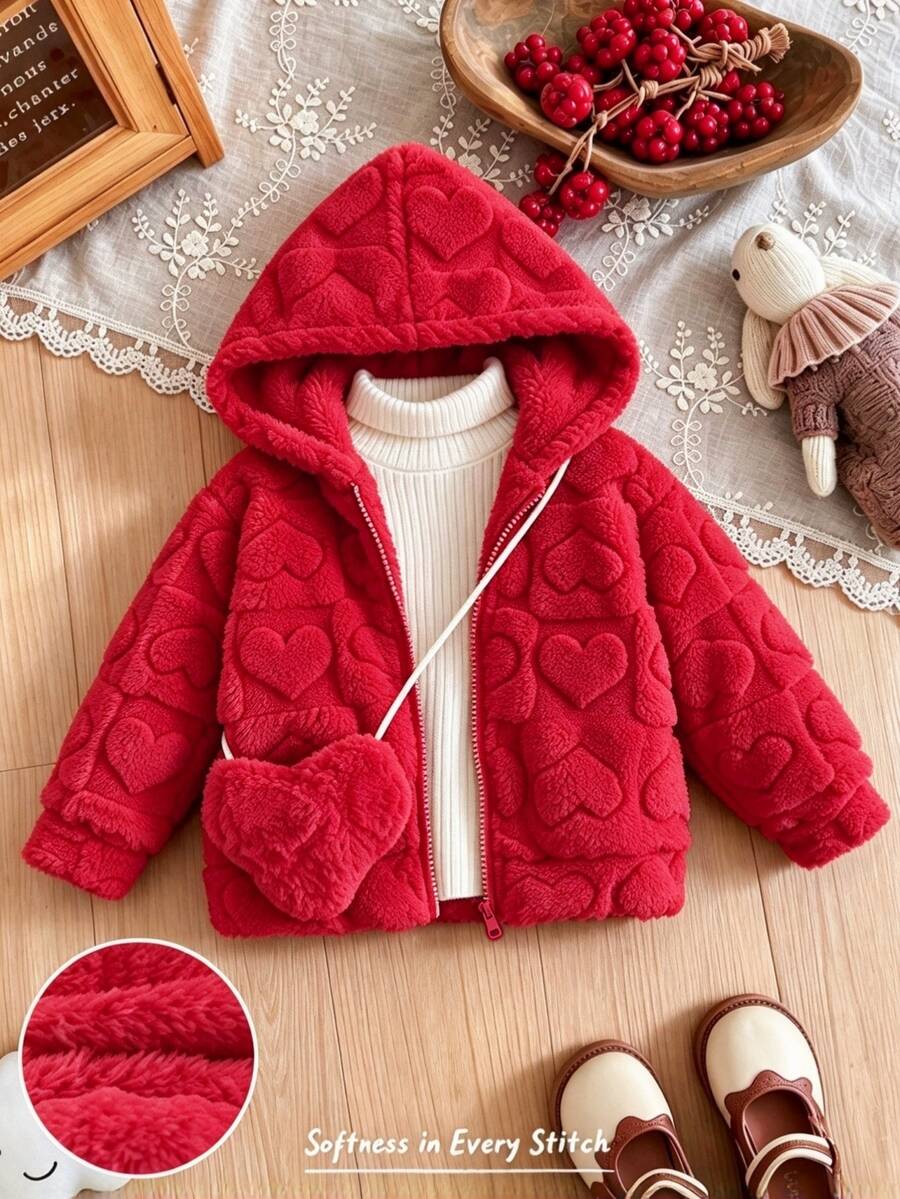 SHEIN 女童毛絨外套,3D愛心設計,穿著舒適保暖,適合秋冬,附贈同色斜跨包,聖誕禮物 - 紅色 - 查看 1