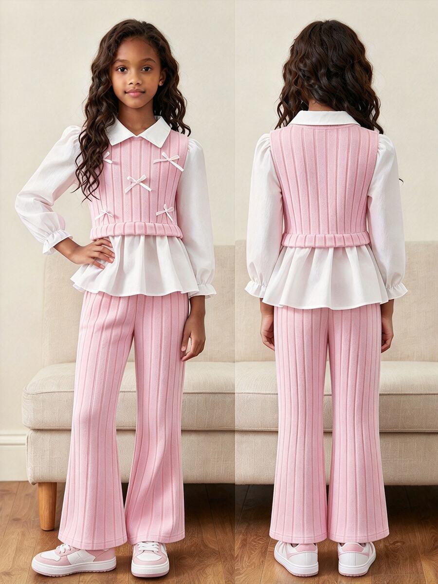 SHEIN Girls 2pcs Outfit Set White Lapel Puff Sleeve Shirt Light Pink Ribbed Vest With Tiny Bow Decor High Waist Flared Pants Fall Christmas Holiday Birthday