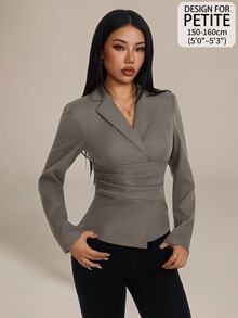 SHEIN PETITE Women's Vintage Pleated Long Sleeve Blazer - Grey - View 8