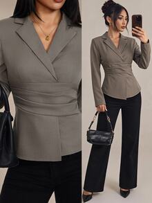 SHEIN PETITE Women's Vintage Pleated Long Sleeve Blazer - Grey - View 11