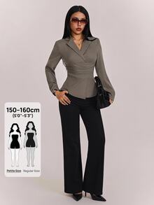 SHEIN PETITE Women's Vintage Pleated Long Sleeve Blazer - Grey - View 12