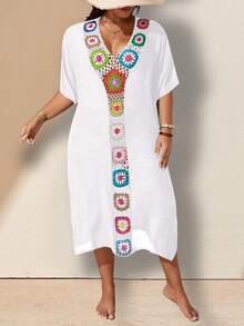 SHEIN Swim Curve Plus Size Hand Crocheted Cover-Up Dress Party Vacation All White Summer Boho Flapper Gatsby Bohemian - White - View 7