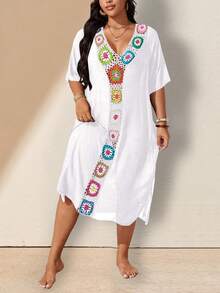 SHEIN Swim Curve Plus Size Hand Crocheted Cover-Up Dress Party Vacation All White Summer Boho Flapper Gatsby Bohemian - White - View 6