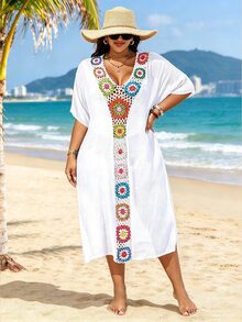 SHEIN Swim Curve Plus Size Hand Crocheted Cover-Up Dress Party Vacation All White Summer Boho Flapper Gatsby Bohemian - White - View 1
