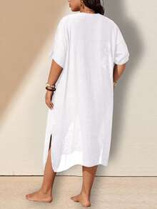 SHEIN Swim Curve Plus Size Hand Crocheted Cover-Up Dress Party Vacation All White Summer Boho Flapper Gatsby Bohemian - White - View 2