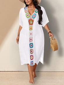SHEIN Swim Curve Plus Size Hand Crocheted Cover-Up Dress Party Vacation All White Summer Boho Flapper Gatsby Bohemian - White - View 8