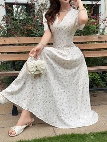 Feyla Women's Elegant Romantic Cottagecore Ditsy Floral Mid-Length Dress Summer Tea Party Vacation Brunch Off White - Mauve Purple - View 6