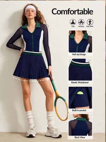 VARSIVA Women's Zipper Mesh Pleated Dress With Pocket Shorts Sports Set