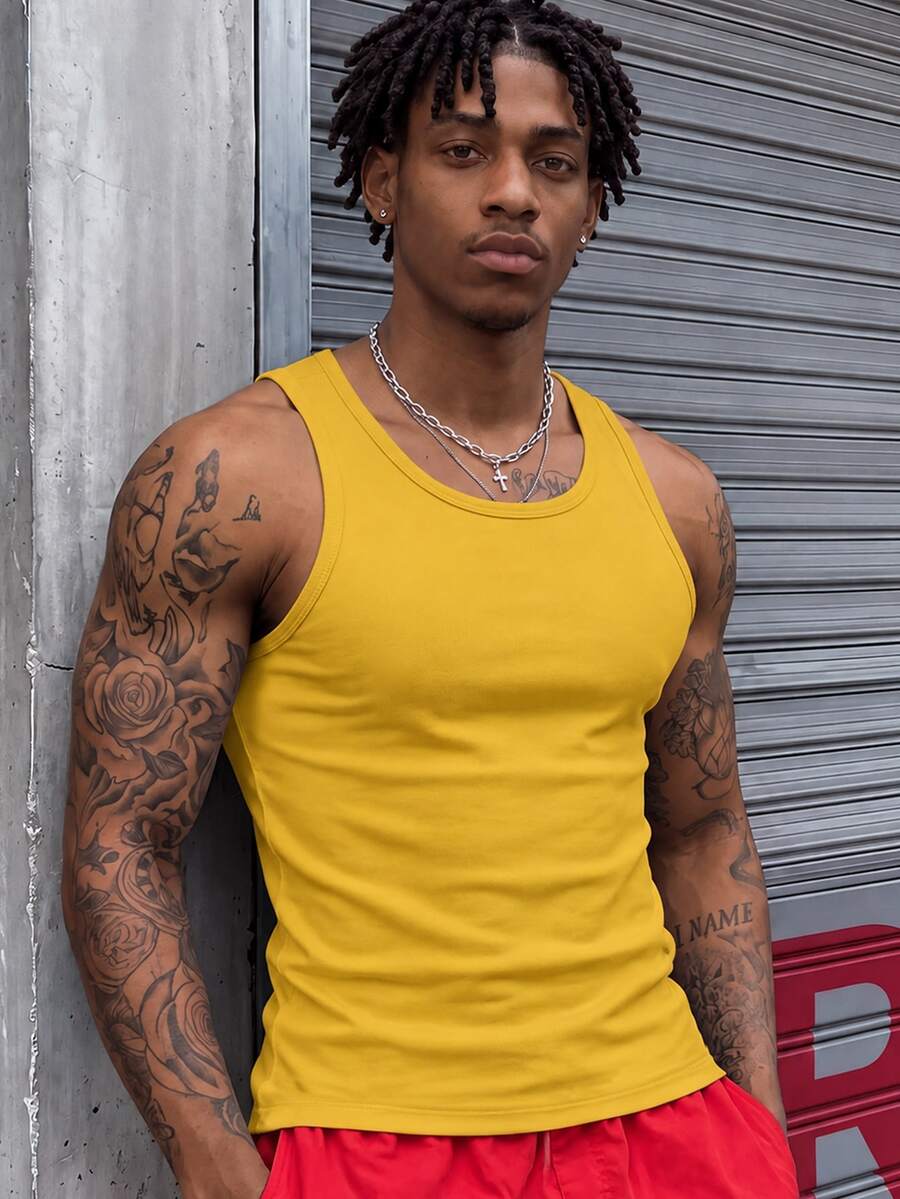 Dekonique Dekonique Men's Summer Casual Versatile Solid Color Tank Top Gym Mustard Yellow - Yellow - View 1