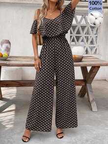 SHEIN Clasi Women's Brown Polka Dot Cold Shoulder Fashion Jumpsuit For Vacation Beach Tropical Boho Fall - Coffee Brown - View 7