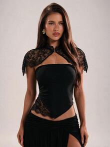 SHEIN BAE Winter Clothes Asymmetrical Hem Solid Color Women's Lace Bralette Elegant Party Beach Wedding Halloween Christmas - Black - View 1