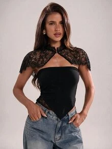 SHEIN BAE Winter Clothes Asymmetrical Hem Solid Color Women's Lace Bralette Elegant Party Beach Wedding Halloween Christmas - Black - View 3