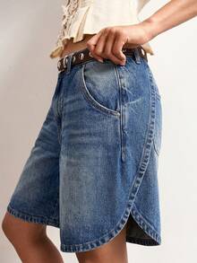 Bohemela Women's Loose Asymmetrical Hem Casual Denim Shorts - Blue - View 1