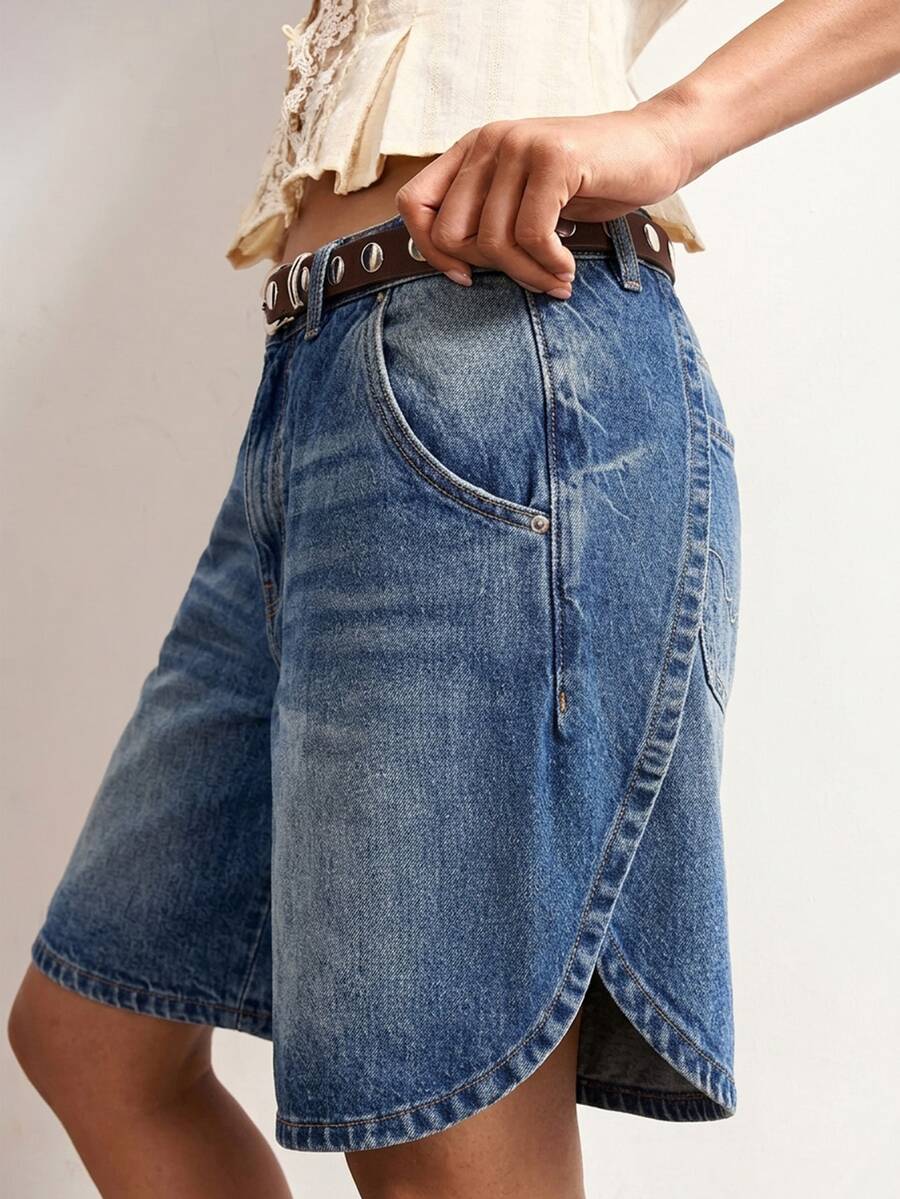 Bohemela Women's Loose Asymmetrical Hem Casual Denim Shorts - Blue - View 1