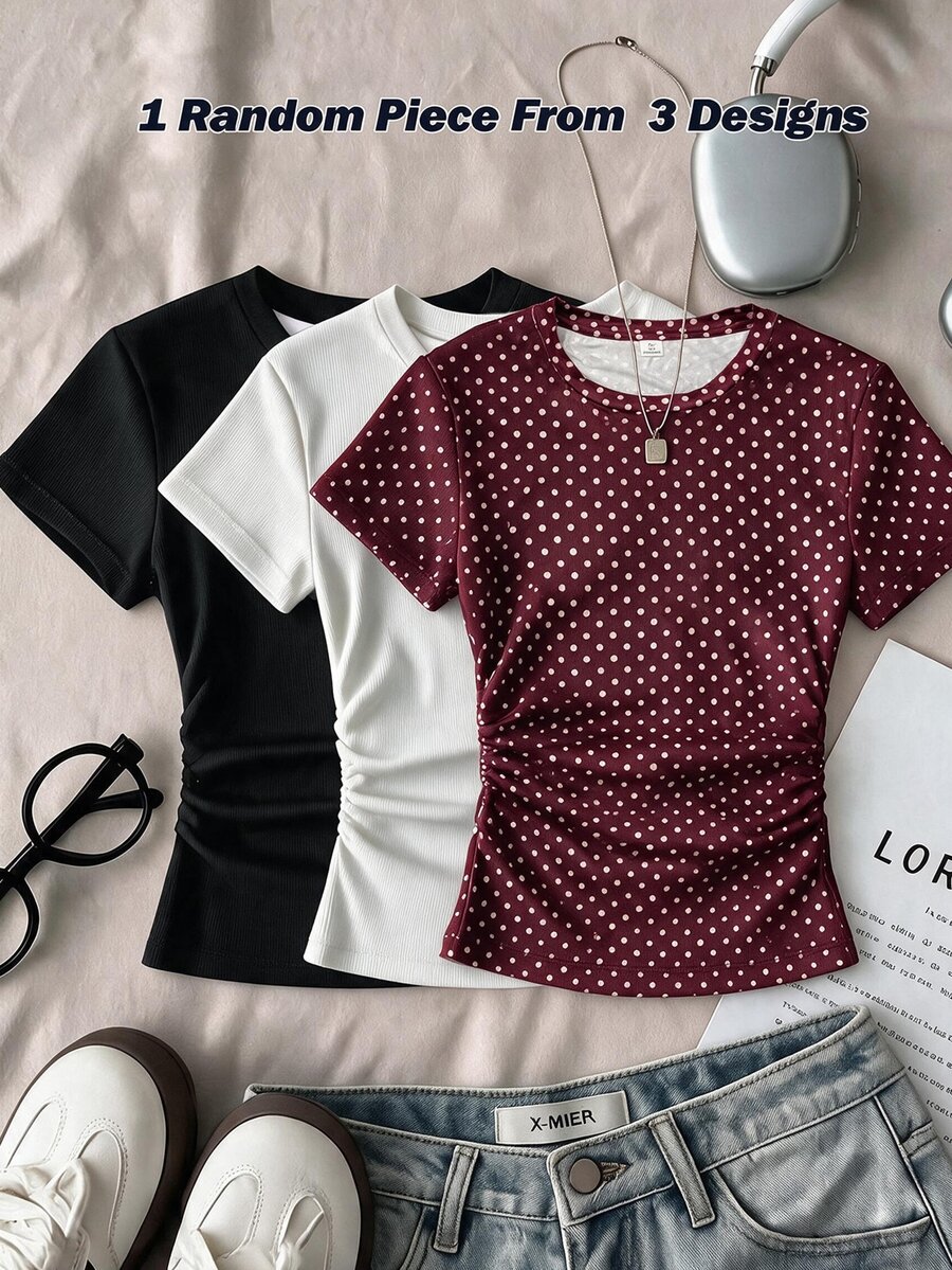 Teen Girls Casual Minimalist Polka Dot Print, Round Neck Waist Ruched Fitted Short Sleeve T-Shirt Suitable For Spring Summer Autumn Winter Y2K, Easy Comfort, Going Out Tops, Chill, Polka Dot, Personalized Outfit, Daily Basic Matching - Multicolor - View 1