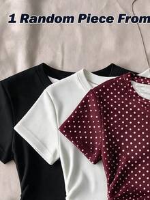 Teen Girls Casual Minimalist Polka Dot Print, Round Neck Waist Ruched Fitted Short Sleeve T-Shirt Suitable For Spring Summer Autumn Winter Y2K, Easy Comfort, Going Out Tops, Chill, Polka Dot, Personalized Outfit, Daily Basic Matching - Multicolor - View 5
