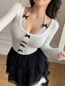 DAZY Women Lace Splicing Bowknot Decoration Long Sleeve T-Shirt - White - View 2