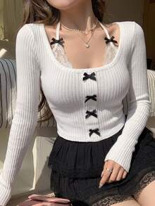 DAZY Women Lace Splicing Bowknot Decoration Long Sleeve T-Shirt - White - View 1