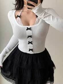 DAZY Women Lace Splicing Bowknot Decoration Long Sleeve T-Shirt - White - View 5