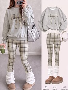 Tween Girl Kids Khaki Winter Family Matching Comfortable Soft Warm Plaid Bow Print Long Sleeve Autumn - White - View 7