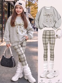 Tween Girl Kids Khaki Winter Family Matching Comfortable Soft Warm Plaid Bow Print Long Sleeve Autumn - White - View 1