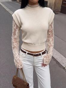 SHEIN PETITE Women's Contrast Lace Long Sleeve 2 In 1 Elegant Fashion Sweater - Apricot - View 6