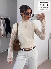 SHEIN PETITE Women's Contrast Lace Long Sleeve 2 In 1 Elegant Fashion Sweater - Apricot - View 3