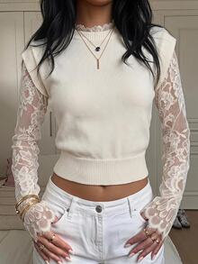 SHEIN PETITE Women's Contrast Lace Long Sleeve 2 In 1 Elegant Fashion Sweater - Apricot - View 7