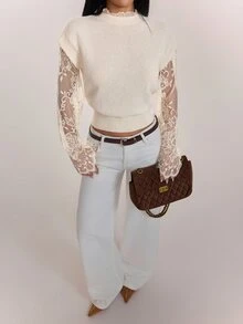 SHEIN PETITE Women's Contrast Lace Long Sleeve 2 In 1 Elegant Fashion Sweater - Apricot - View 10