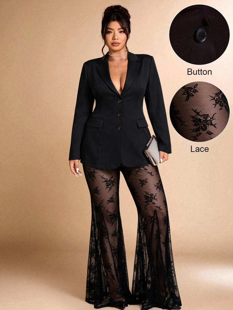 Cravure Plus Size Formal Party 2‑Piece Set, Long Sleeve Blazer & Floral Lace Flare Pants - Black - View 1
